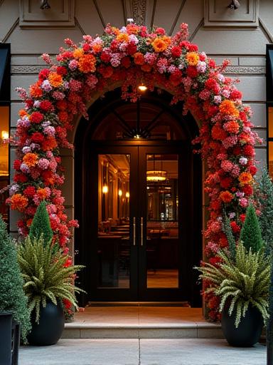 レストランの入口を飾る季節の装花 (Seasonal arrangement decorating a restaurant entrance)
